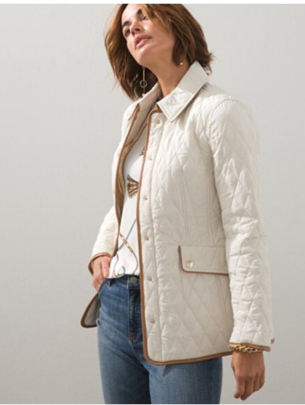 Chico's Quilted Cream Barn Women's Jacket Gold Contrast Trim 3 XL